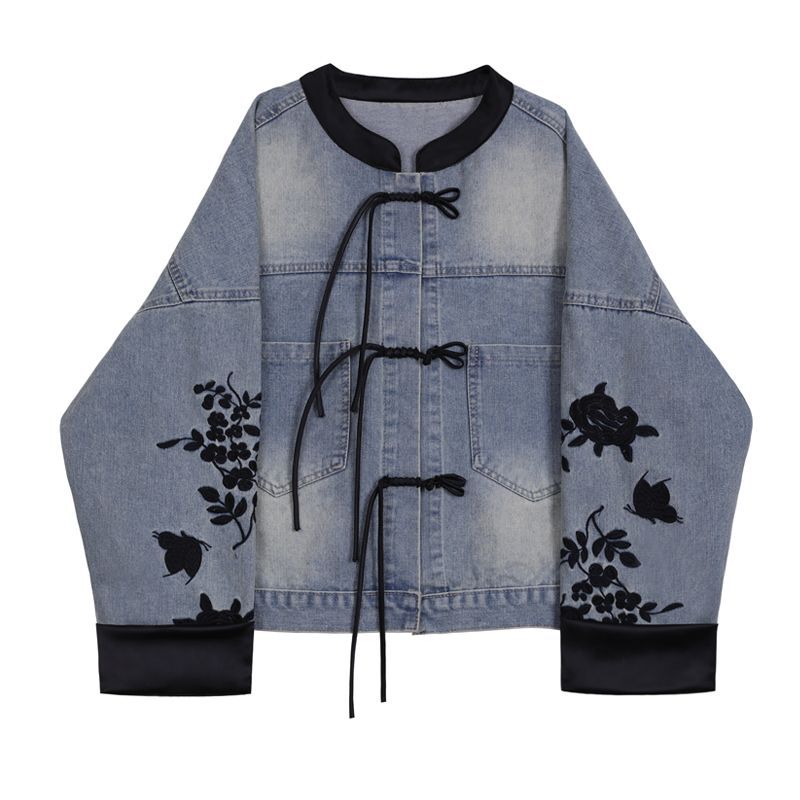 Damen Denimjacke mit Stickereien Bündchen Blumenmuster