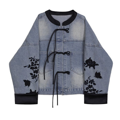 Damen Denimjacke mit Stickereien Bündchen Blumenmuster
