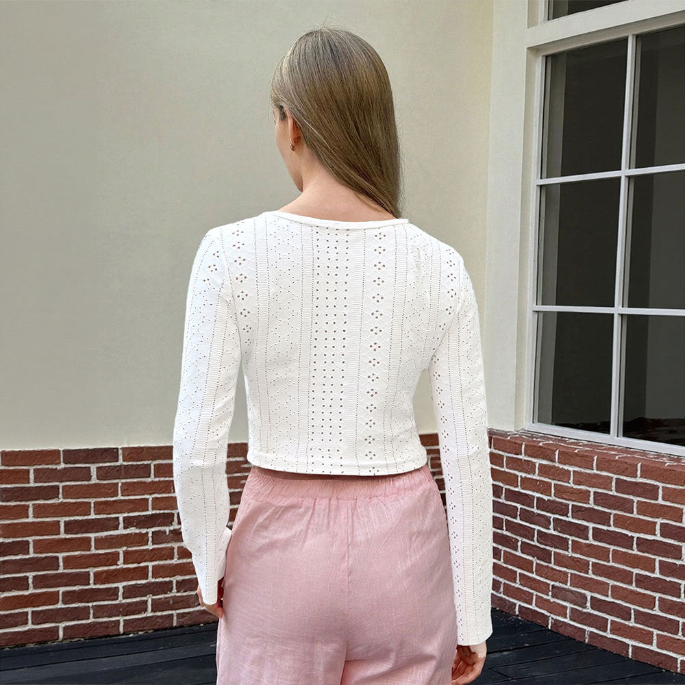 Damen Cropped Langarmshirt Elegante Schnürung Lochstickerei Weiß