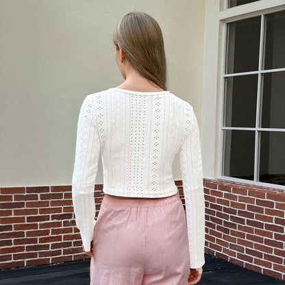 Damen Cropped Langarmshirt Elegante Schnürung Lochstickerei Weiß
