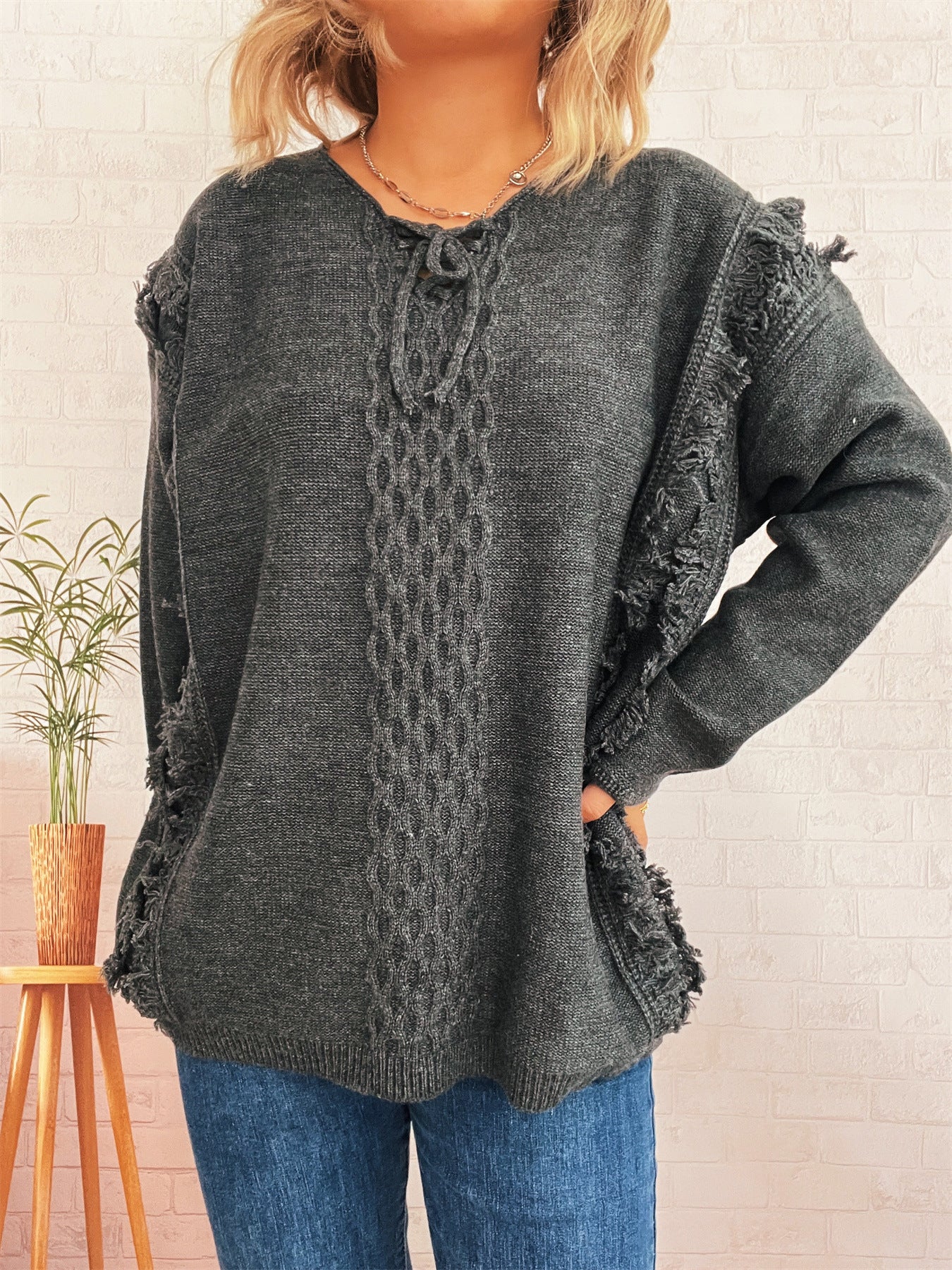 Damen Grobstrickpullover Lässige Fransen Dekorativer Zopf Norvielle