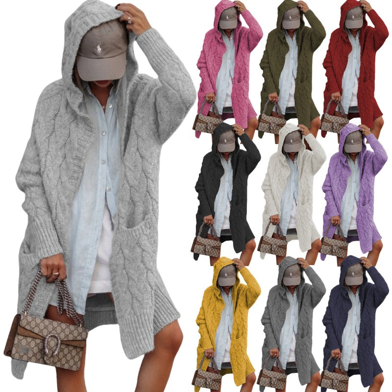 Damen Grobstrickjacke Kapuze Zopfmuster - Norvielle
