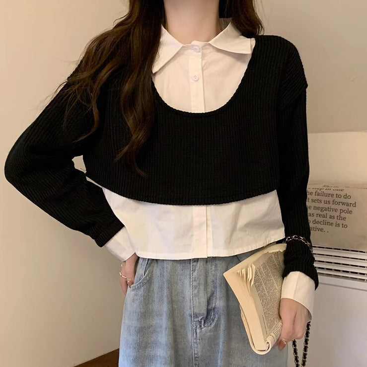 Damen Strickpullover mit Hemd Cropped Baumwolle Weiß