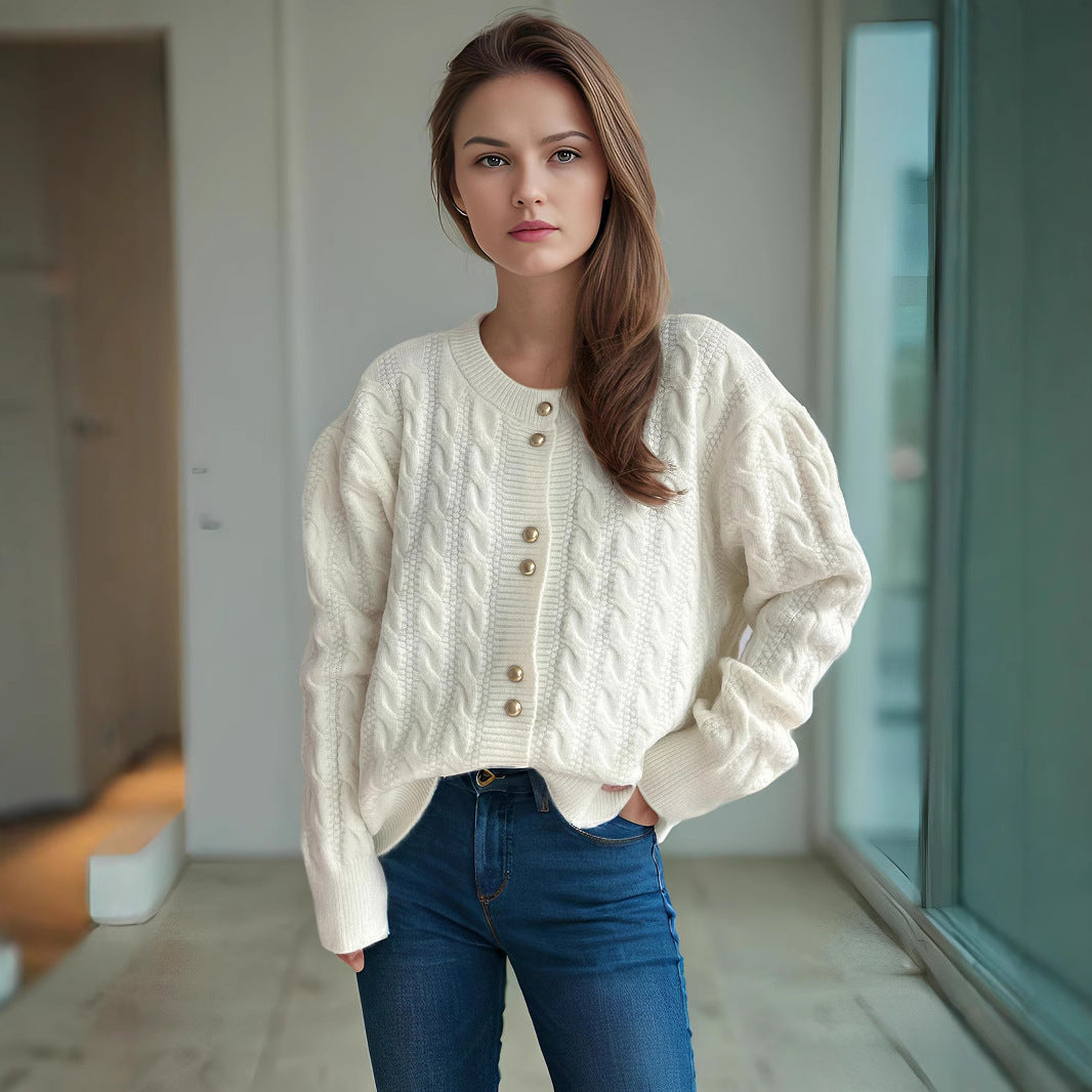 Damen Grobstrickjacke Kabelmuster Dekorative Knöpfe Norvielle - Norvielle