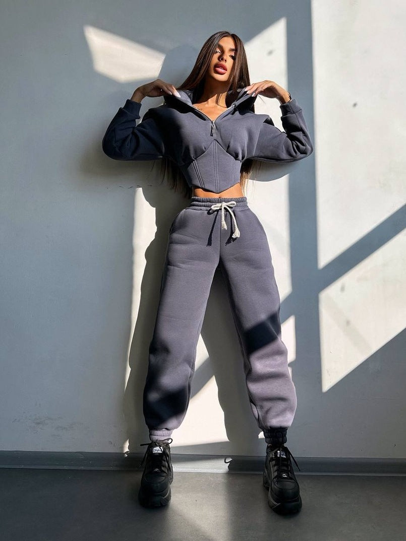 Damen Sportoutfit Cropped Jacke Jogginghose