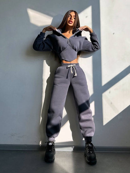 Damen Sportoutfit Cropped Jacke Jogginghose