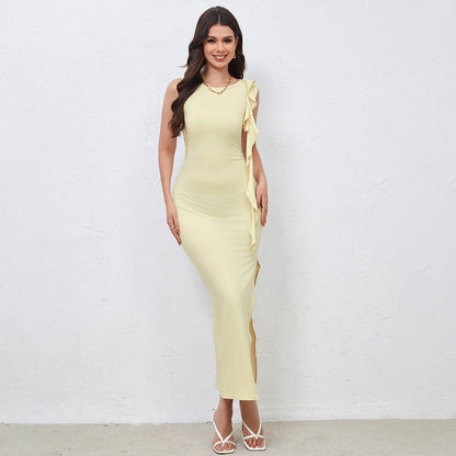 Damen Maxikleid Asymmetrischer Rüschensaum Hohem Schlitz Norvielle