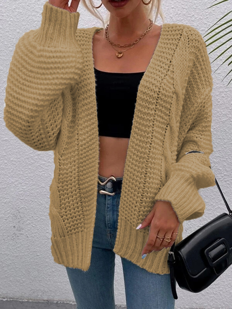 Damen Grobstrick-Cardigan Offene Taschen Lässiger Schnitt Beige