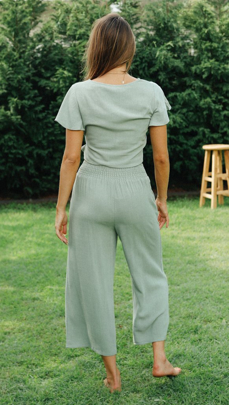 Damen Zweiteiliges Set Geknotetes Oberteil Weite Hose Norvielle