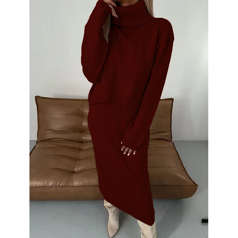 Damen Strick Zweiteiler Rollkragen Pullover Midikleid