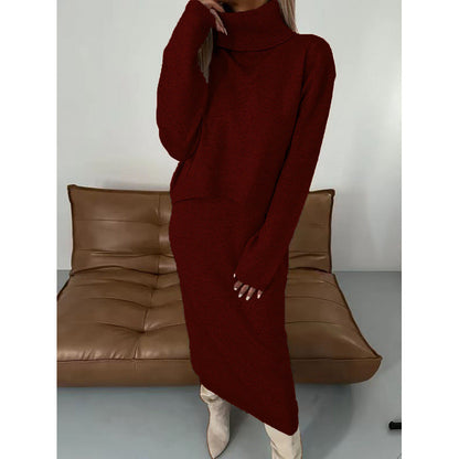 Damen Strick Zweiteiler Rollkragen Pullover Midikleid