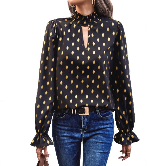 Damen Bluse Elegante V-Ausschnitt Gold Akzente Norvielle