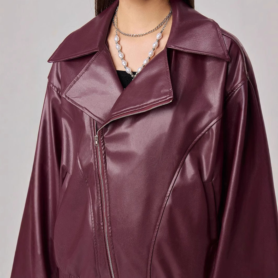 Damen Kunstlederjacke Oversized Reißverschluss
