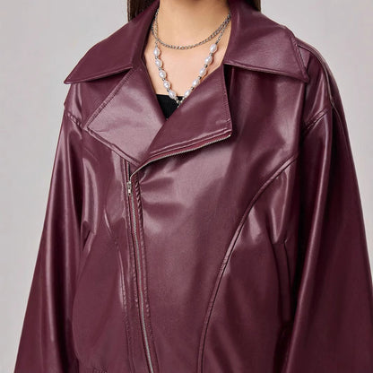 Damen Kunstlederjacke Oversized Reißverschluss