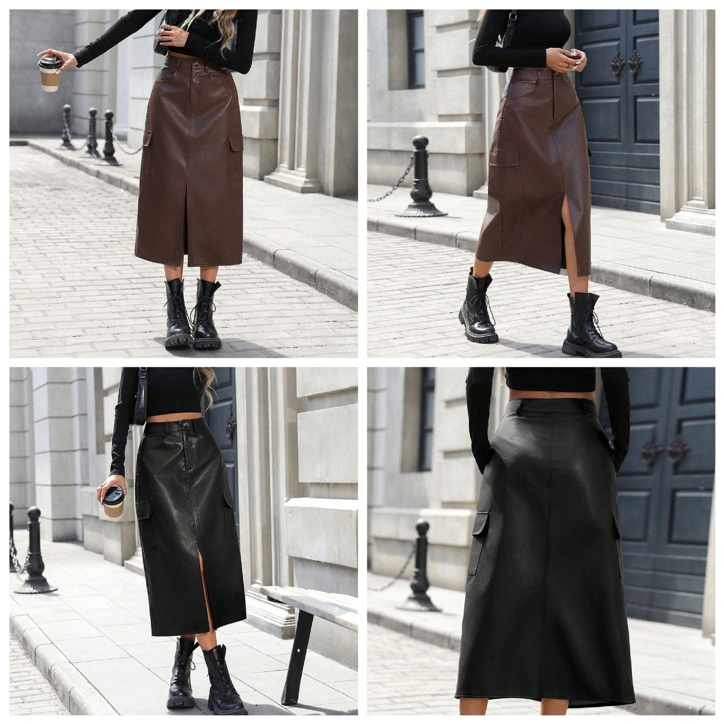 Damen Midirock Kunstleder Taschen Elegant Schwarz - Norvielle