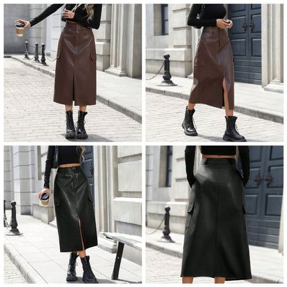 Damen Midirock Kunstleder Taschen Elegant Schwarz - Norvielle