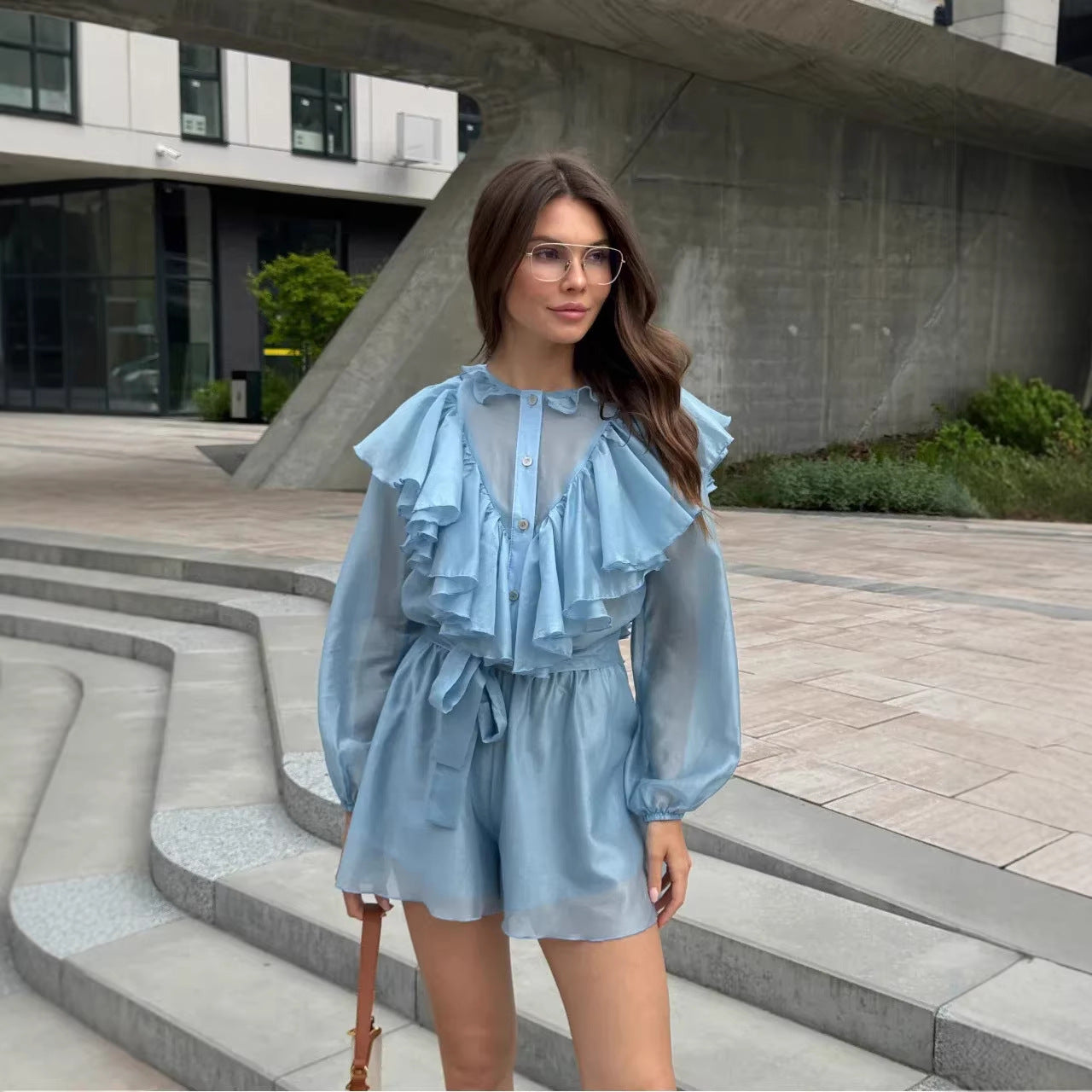 Damen Chiffon-Set mit Rüschendetails und Taillengürtel - Norvielle