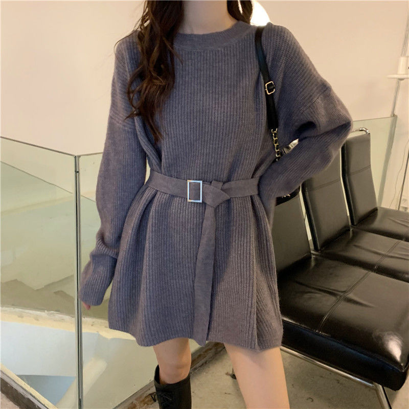Damen Strickkleid Lockerer Schnitt Mit Taillengürtel Norvielle - Norvielle