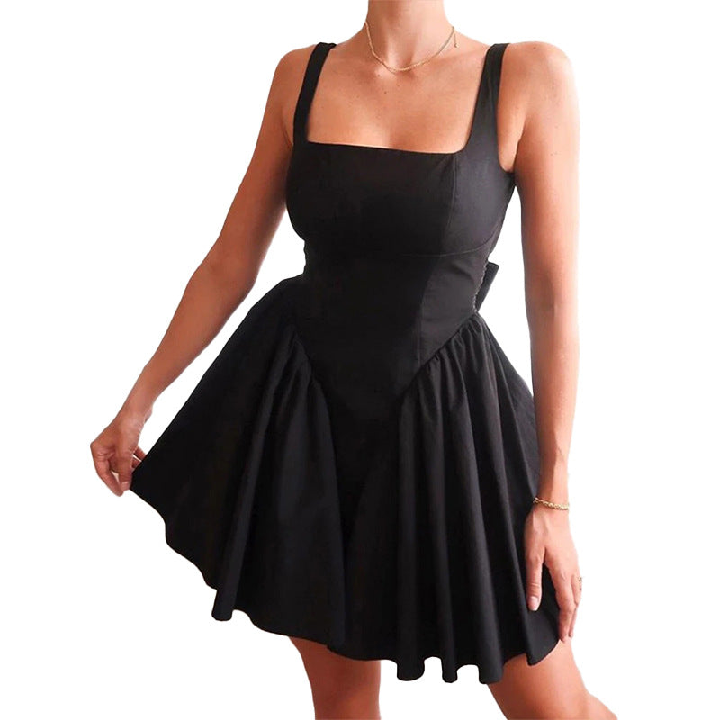 Damen Kurzkleid Quadratausschnitt Fließender Rock