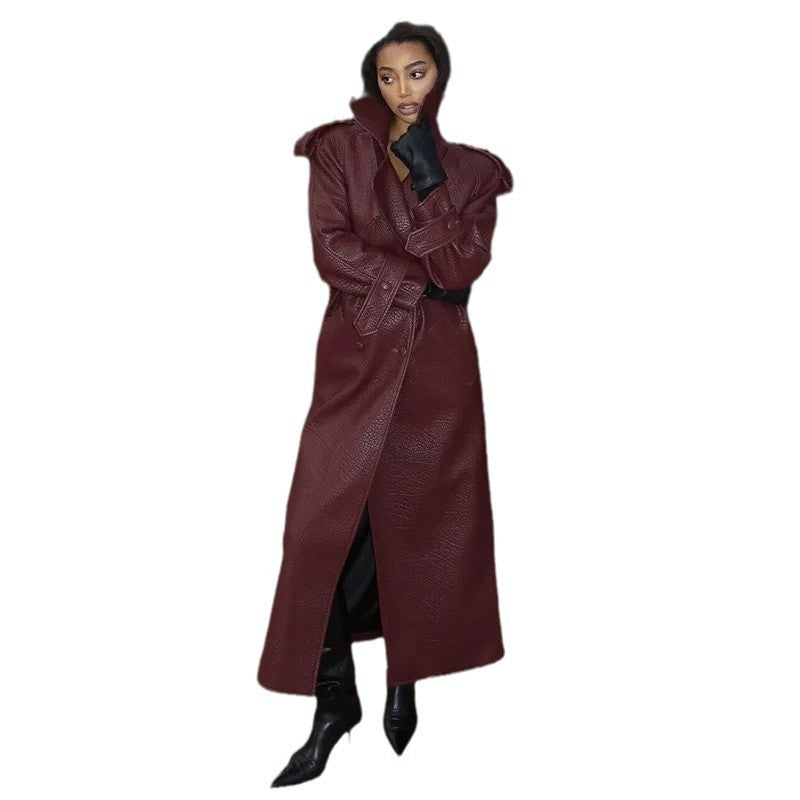 Damen Kunstleder-Trenchjacke Hochkragen