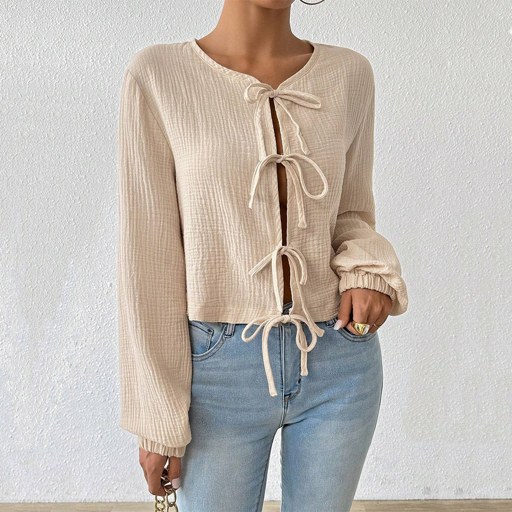Damen Cropped Bluse Raffinierte Schnürdetails Norvielle