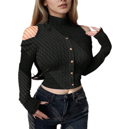 Damen Cropped Pullover Langarm Schulterfrei Knopfverschluss Norvielle