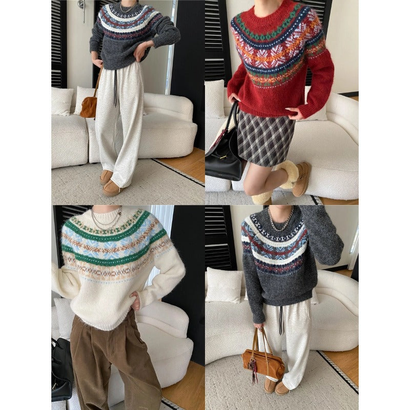 Damen Grobstrickpullover Lebendiges Muster Weite Ärmel Norvielle