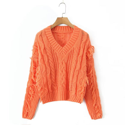 Damen Grobstrickpullover V-Ausschnitt Fransen Norvielle