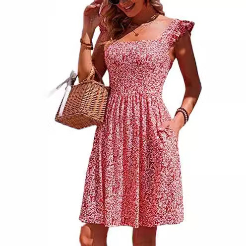 Damen Sommerkleid Rüschenärmel Schlitz dunkelblau