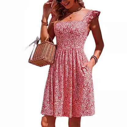 Damen Sommerkleid Rüschenärmel Schlitz dunkelblau