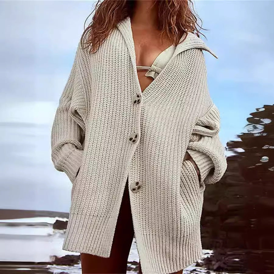 Damen Grobstrickjacke Norvielle Modern Reverskragen Dekorative Knöpfe