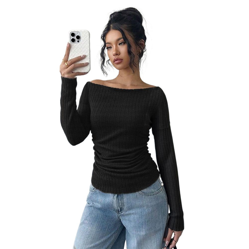 Damen Langarmshirt Schulterfrei Elegante Raffung Norvielle