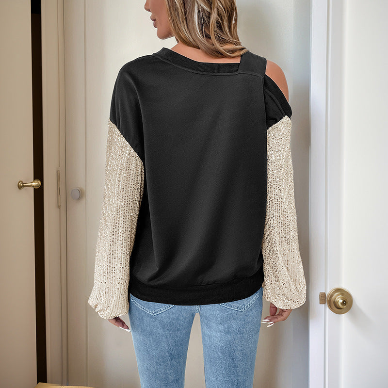 Damen Off-Shoulder Pullover Paillettenärmel Glitzer