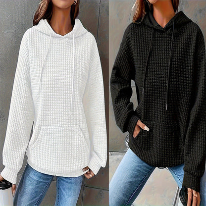 Damen Kapuzenpullover Strukturiertes Waffelmuster Mit Taschen Schwarz - Norvielle