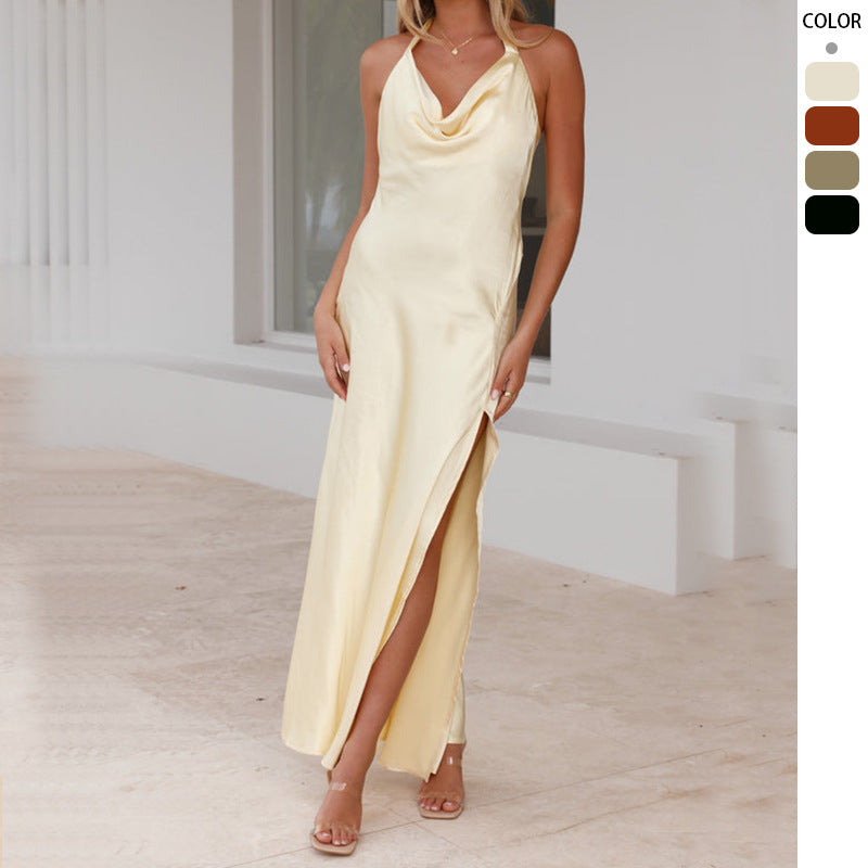 Damen Satin Maxikleid Elegantes Design Tiefer Ausschnitt Schwarz - Norvielle