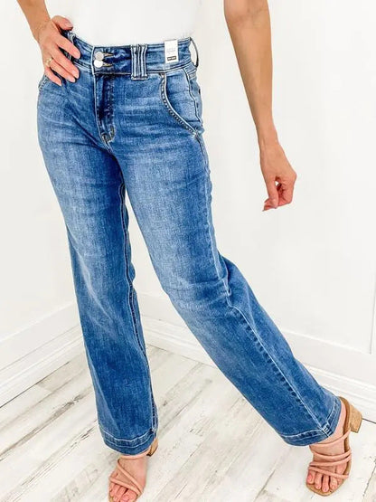 Damen High-Waist Jeans Weite Bein Norvielle Komfortschnitt