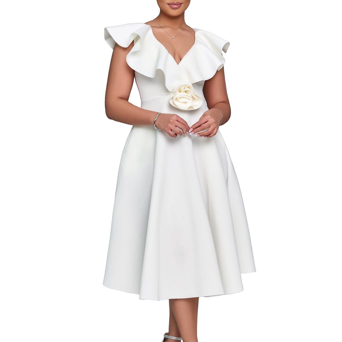 Damen A-Linien Kleid mit Rüschen Floralmuster