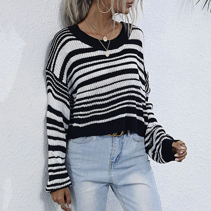 Damen Strickpullover Weit Modisches Streifenmuster Beige