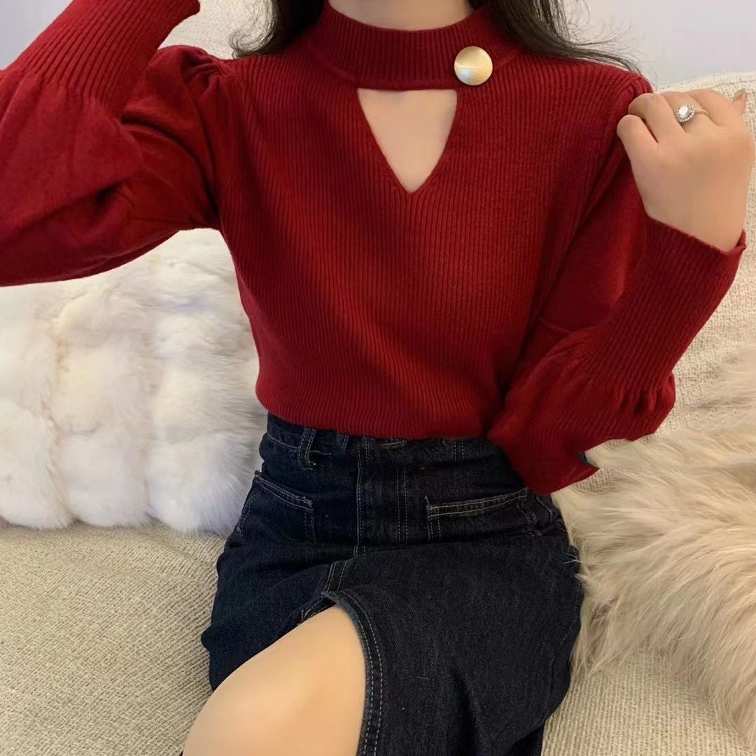 Damen Pullover V-Ausschnitt Dekorativer Knopf Leicht Norvielle