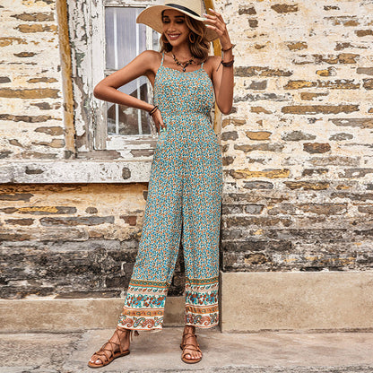Damen Jumpsuit Blumenmuster Breite Beine Verstellbare Träger Norvielle