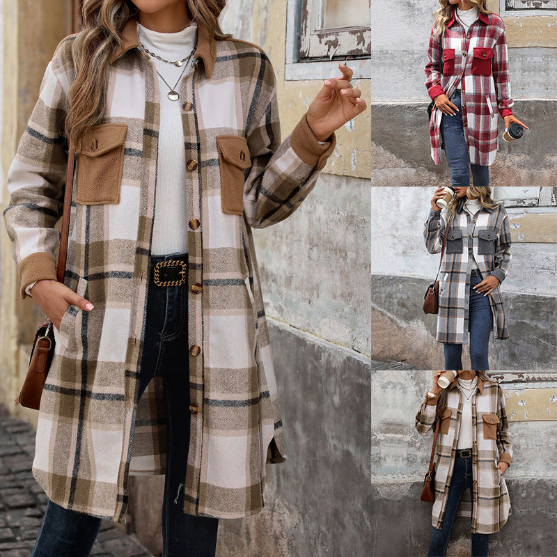 Damen Karierte Langarmjacke Baumwolle Moderne Taschen Schwarzweiß - Norvielle
