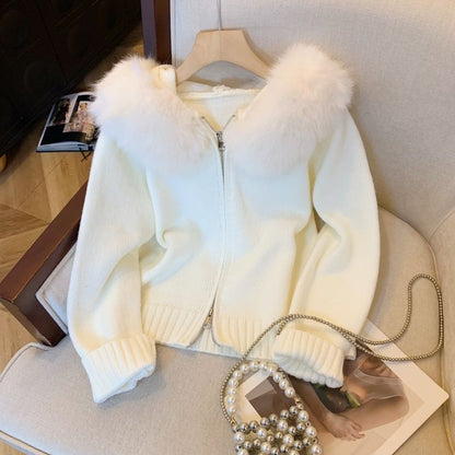 Damen Strickjacke Abnehmbarer Kunstfellkragen Beige