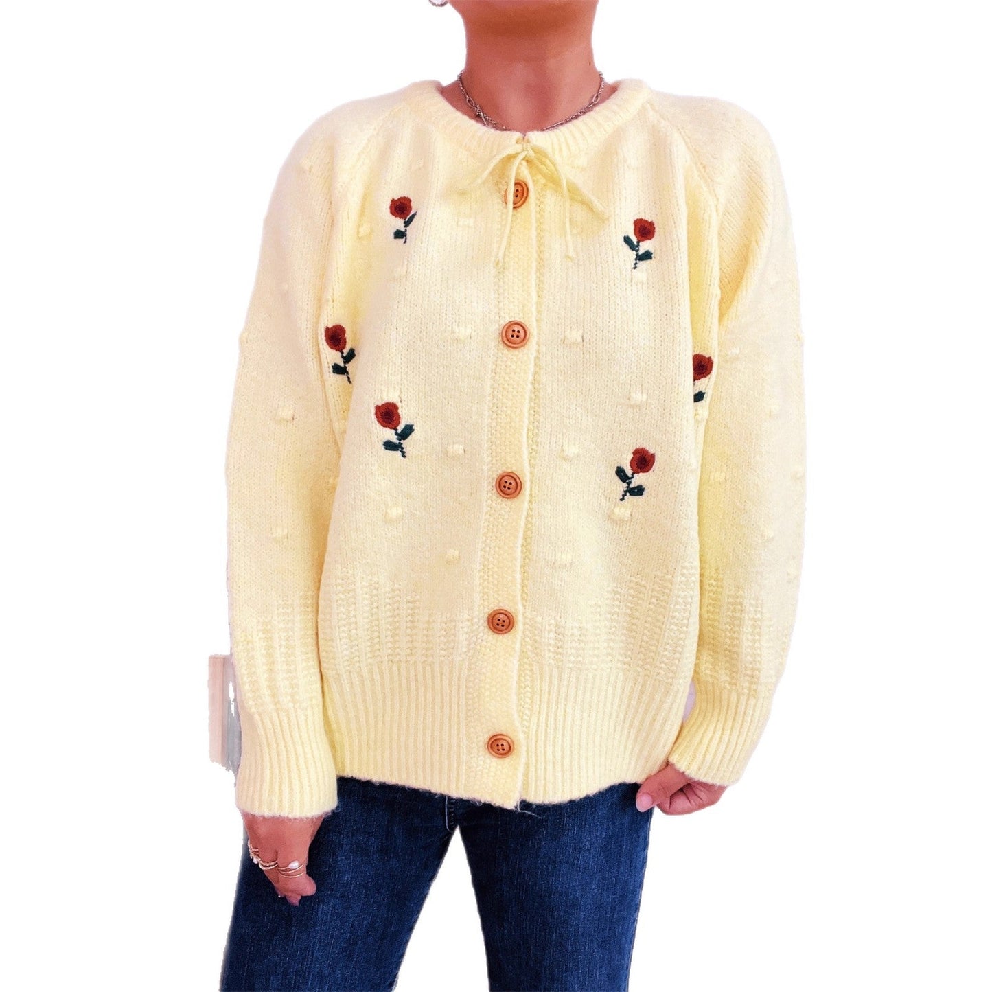 Damen Strickjacke Blumenstickerei Knopfverschluss Norvielle
