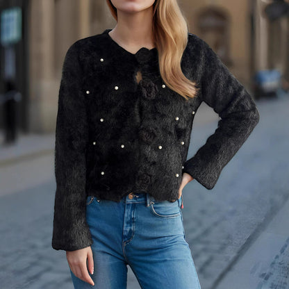 Damen Strickjacke Blumenapplikationen Perlenakzente Norvielle