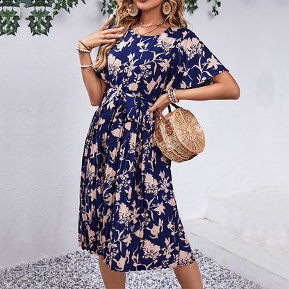 Damen Midi-Kleid Floraler Druck Taillierter Gürtel Norvielle
