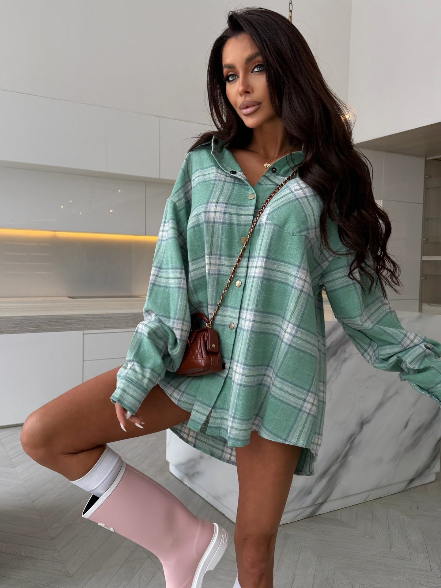 Damen Karobluse Längsärmelig Knopfdetail Bluse Norvielle