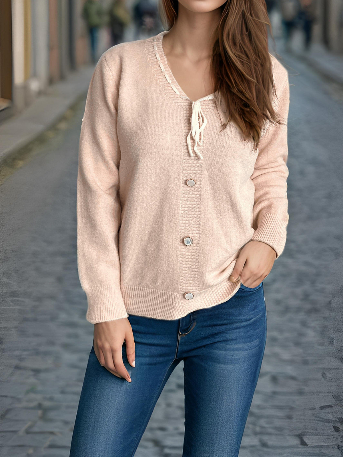Damen Strickjacke Dekorative Knöpfe Kordelzug Norvielle