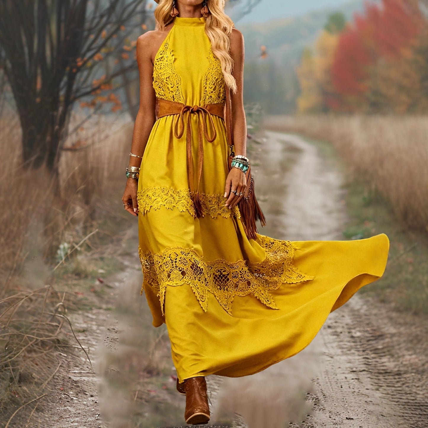Damen Maxikleid mit Spitzenakzenten und Gürtel Details