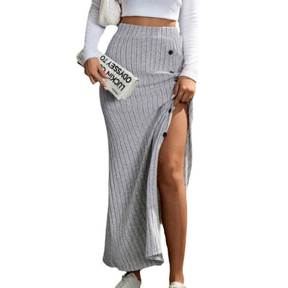 Damen Maxirock Strick mit Knöpfen Hochtailliert Beige