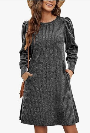 Damen Pulloverkleid Rippstrick Puffärmel Norvielle